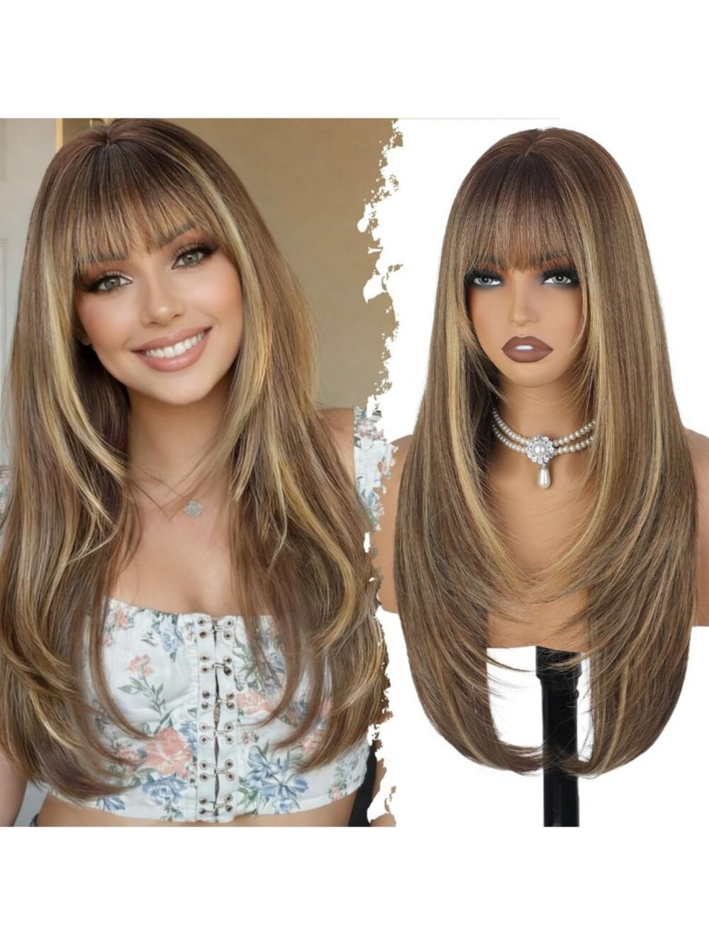 Long Straight Wig with Bangs for Women, Brown Blonde Highlights, Stylish